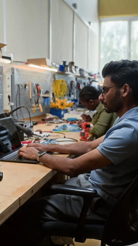 Indian Man Coding Software for Robotics in Electronics Workshop Stock Footage 343522078