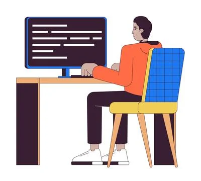 Indian man developing computer software 2D linear cartoon character Stock Illustration