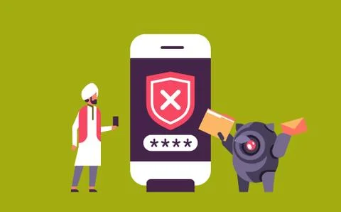 Indian man incorrect password hacking bot concept smartphone verification mobile Stock Illustration
