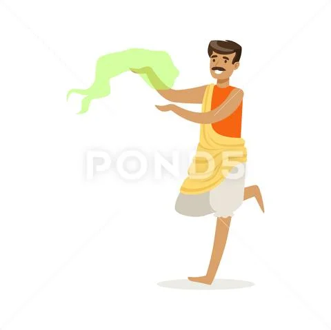 Indian man in national costume performing national dance, colorful character Stock Illustration