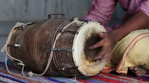 Indian man playing drums at the temple. Rishikesh. India. Stock Footage 43971154