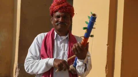 Indian Man Plays Stringed Instrument in Jaipur Stock Footage 10892555