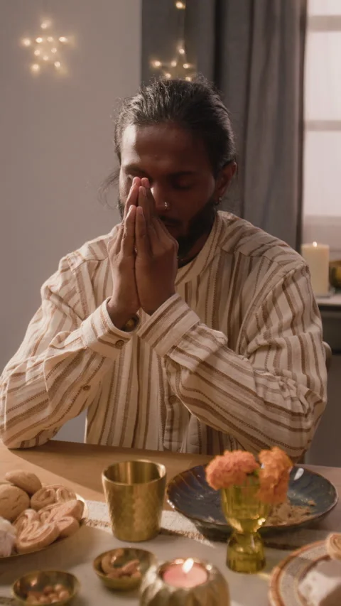 Indian Man Praying with Folded Hands during Diwali Festival Stock Footage 344957578