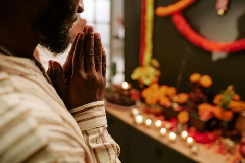 Indian Man Praying with Folded Hands during Diwali Celebration Stock Photos