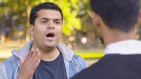 Indian man talks down and deliberately to another man at the park - Slow Motion Stock Footage 125096757