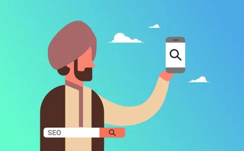 Indian man using smartphone seo search engine optimization internet searching Illustrazione stock