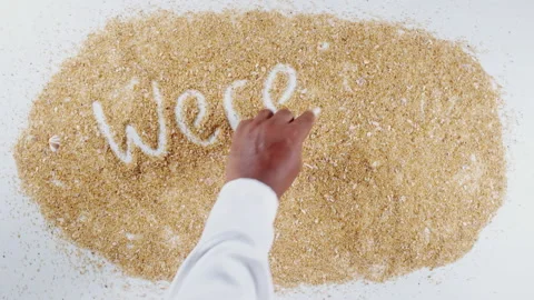 An Indian man's Hand Writes On Beach Sand words We are open Stock Footage 248660162