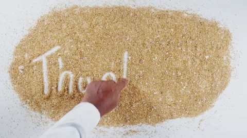 An Indian man's Hand Writes On Beach Sand words Thank you Stock Footage 248661508