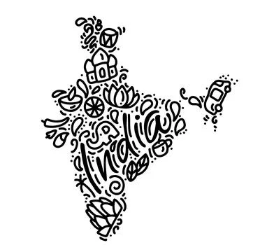 Indian map black calligraphy text and doodle elements vector illustration design Stock Illustration