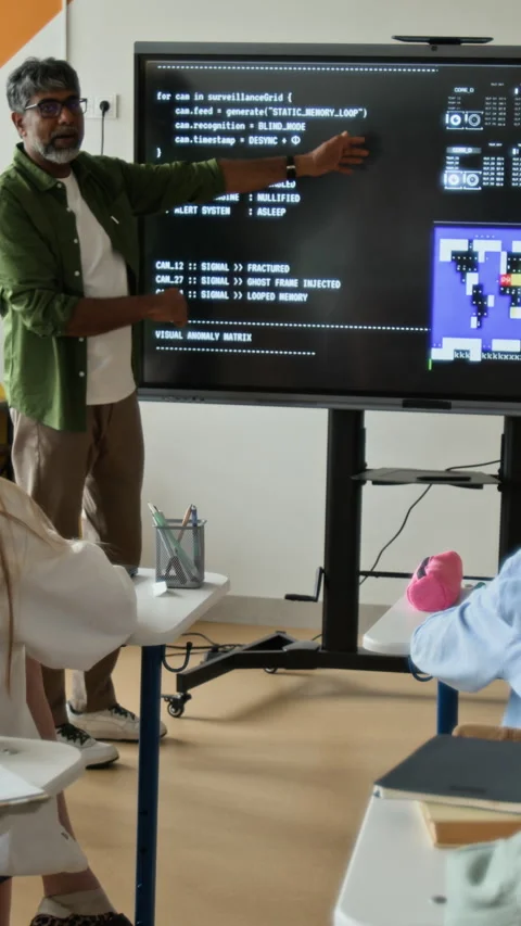 Indian Middle Aged Man Teaching Computer Programming in Classroom Stockbeeldmateriaal 342824903