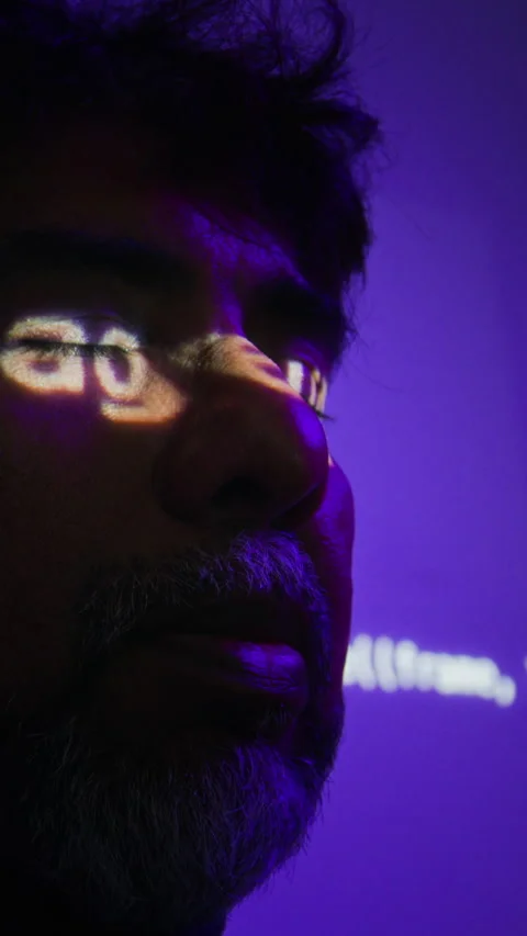 Indian Middle Aged Programmer Standing under Code Projected on Face Stock Footage 347315317