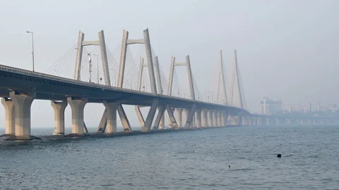 Indian Modern cable stayed bridge built over an Arabian sea, India Stock Footage 86512774