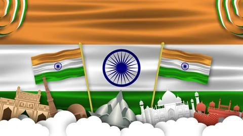 Indian monuments on cloud surface with waving Indian flag animation. Stock Footage 312821834
