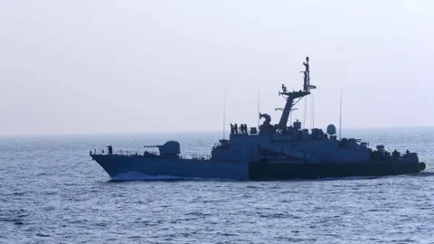 Indian Navy destroyer ship on exercises, Modern Navy Destroyer warship conduct Stock Footage 323268823