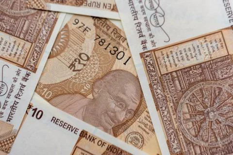 Indian New Ten Rupees Notes Landscape Stock Photos