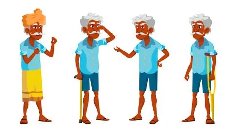 Indian Old Man Poses Set Vector. Elderly People. Senior Person. Aged. Friendly Stock Illustration