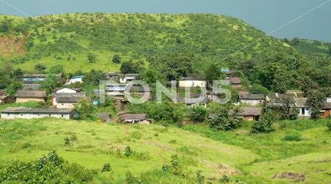 Indian Old rural Village Houses, Mountain greenery view near Mumbai Kasara India Stock Photos