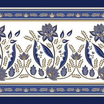Indian paisley pattern vector seamless border. Arabesque floral background 스톡 일러스트