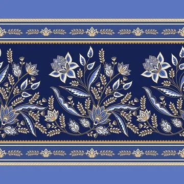 Indian paisley pattern vector seamless border. Arabesque floral background Illustrazione stock