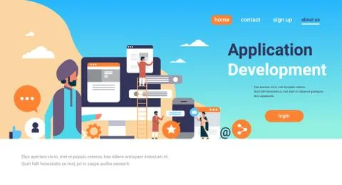 Indian people mobile application development concept men climbing ladder mess Stock Illustration