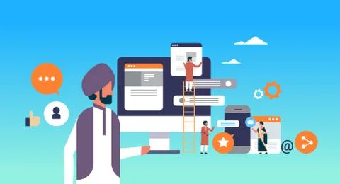 Indian people mobile application development concept man climbing ladder mess Stock Illustration