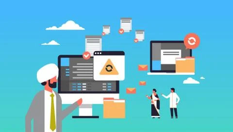 Indian people working data transfer concept synchronization computer connection Illustrazione stock