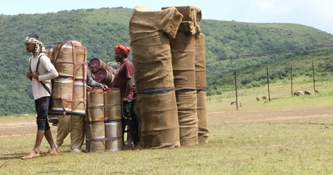 Indian Poor Male workers with Cans on Hill Видео 327052846