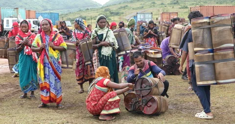 Indian Poor workers with Cans on Hill Stock Footage 326854103
