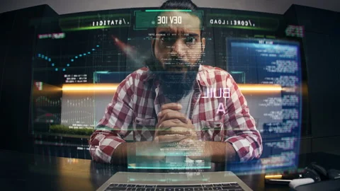 Indian programmer successfully launching computer program on holographic display Stock Footage 329506741