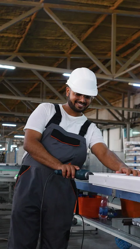 Indian PVC industry worker with drill making PVC frames for windows and doors Stock Footage 283021787