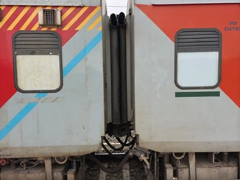An Indian Railways LHB train features an external coupling and gangway syst.. Stock Photos