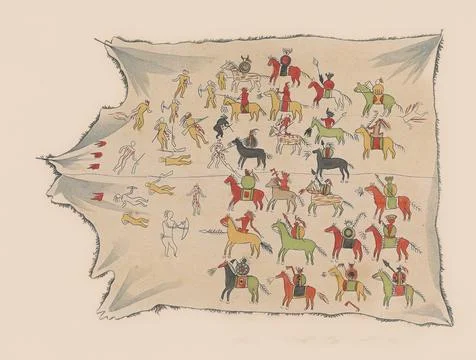 Indian Record of a Battle between the Pawnees and Konzas Deliniated on a Bison R Illustrazione stock