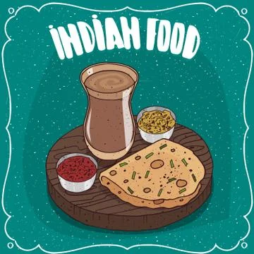 Indian round flatbread with sauces and masala chai Illustrazione stock