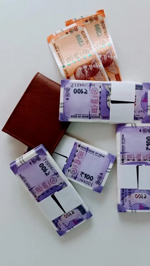 Indian Rupee 100 Currency Note Bundles, Rupee 200 notes and brown wallet Vidéo 332276762