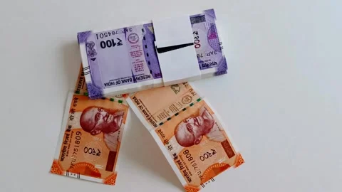 Indian Rupee 100 Currency Note Bundles and Rupee 200 notes 스톡 동영상 332276831