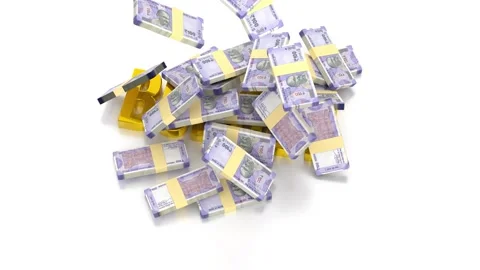 Indian Rupee 100 Notes Falling on Golden Budget Word - 3D Render Animation Stock Footage 294390119
