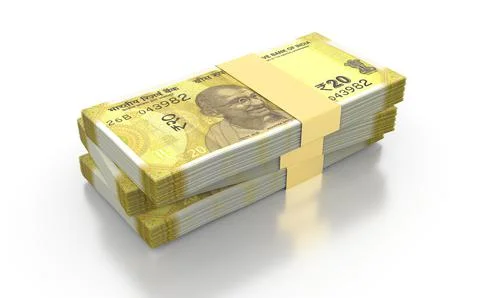 Indian Rupee 20 Currency Note Bundles isolated on White Background - 3D Illus Stock Illustration