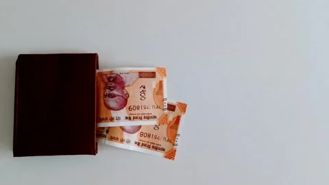 Indian Rupee 200 Currency Note with brown wallet isolated on white Background 스톡 동영상 332276630