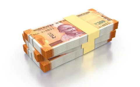 Indian Rupee 200 Currency Note Bundles isolated on White Background - 3D Il.. Stock Illustration