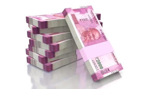 Indian Rupee 2000 Currency Note Bundles isolated on White Background - 3D Ill Stock Illustration