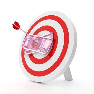 Indian Rupee 2000 Currency Note in an arrow with target isolated on White B.. Illustrazione stock