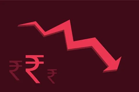 Indian Rupee Falling with Red Arrow and Currency Symbol Vector Illustration Stock Illustration