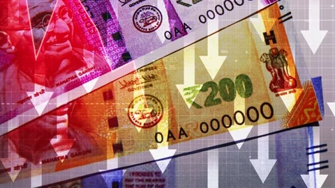 Indian rupee going down concept 4k footage with arrows and reg graph Stock Footage 297517130