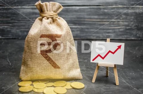 Indian rupee INR symbol money bag and red trend arrow up chart. Deposit ...