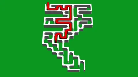 Indian Rupee shaped 3d maze with solution path on green screen background Stock Footage 324939069