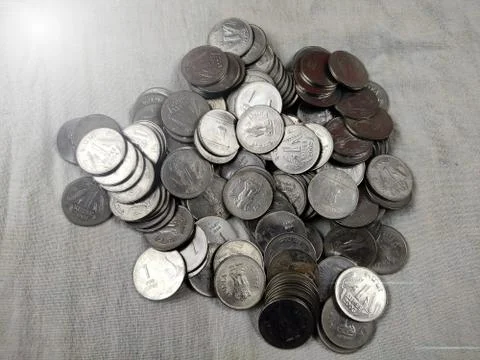 Indian rupees coins stack or heap on white background Selective Focus Stock Photos