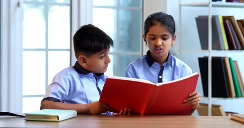 Indian School children in uniform read and study together from a book Stock Footage 342850398