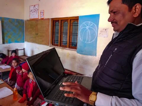Indian school computer education program. 库存照片