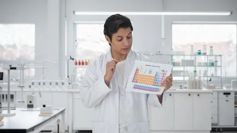 Indian scientist explaining periodic table Stock Footage 252949086