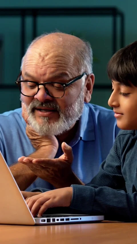 Indian small boy with grand father or grandpa at home 스톡 동영상 342979953